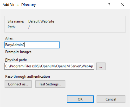 Add Virtual Directory dialog with required fields for configuring OpenLM EasyAdmin to use Microsoft IIS 10