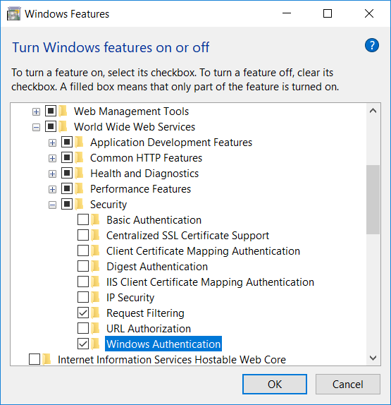 Windows Features dialog with Windows Authentication feature selected
