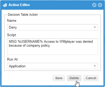 Action Editor window with Delete button