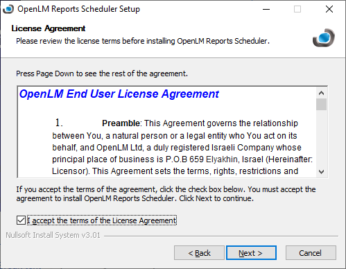 OpenLM Reports Scheduler setup agreement
