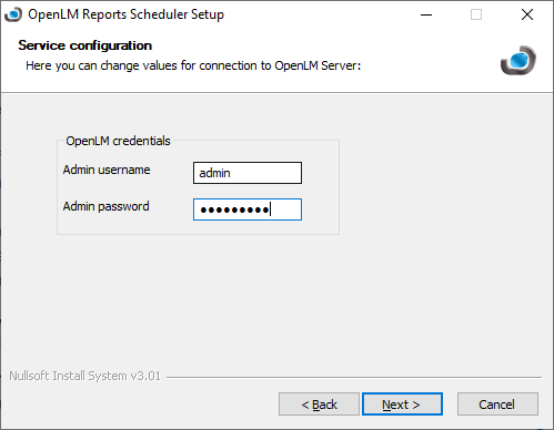 OpenLM Reports Scheduler setup service configuration screen